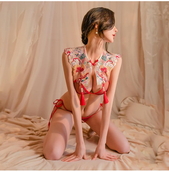 FEE ET MOI - Embroidery Sheer Bikini Set (Red - White) FEE ET MOI - Embroidery Sheer Bikini Set (Red - White)